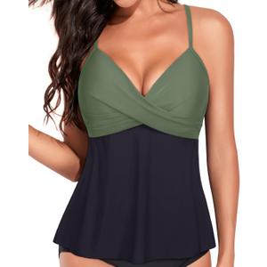Aqua Eve Women's Underwire Tankini Swimsuit - Twist V Neck Flowy Bathing Suit Top Only, No Bottom (X-Large, Olive Green and Black)