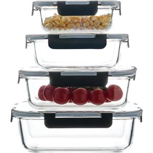 Glass Food Storage Containers with Airtight Locking Lids, 4-Piece Set, Nesting Design