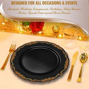 Elegant Plastic Dinner Plates, Disposable Sets - Black & Gold, Party Plates (120,Dinner) Small and Big