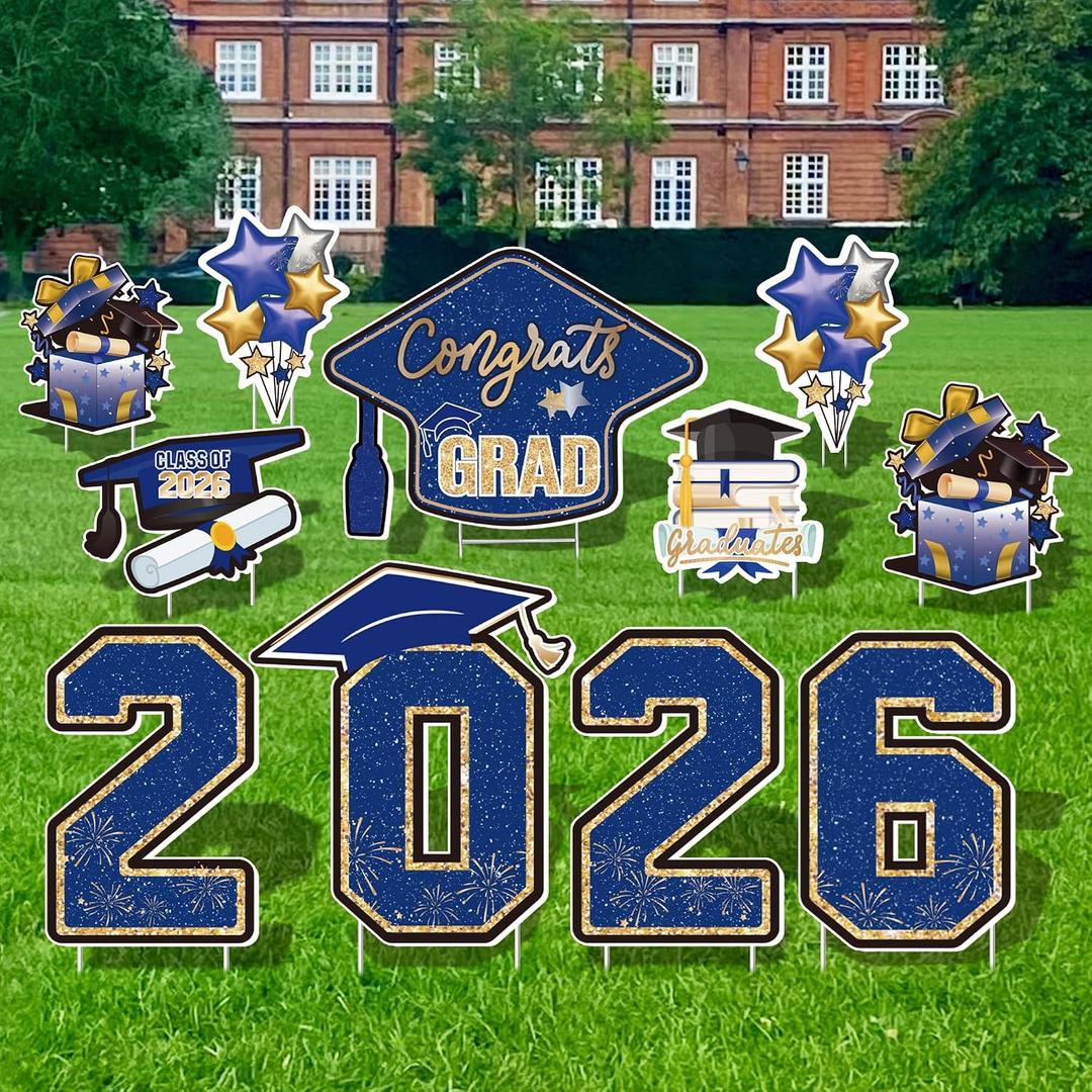 Large 11 PCS Graduation Yard Signs, Class of 2026 Congrats Grad Outdoor Lawn Yard Sign with Stakes, Graduate Yard Decorations for College High School Party, Blue and Gold