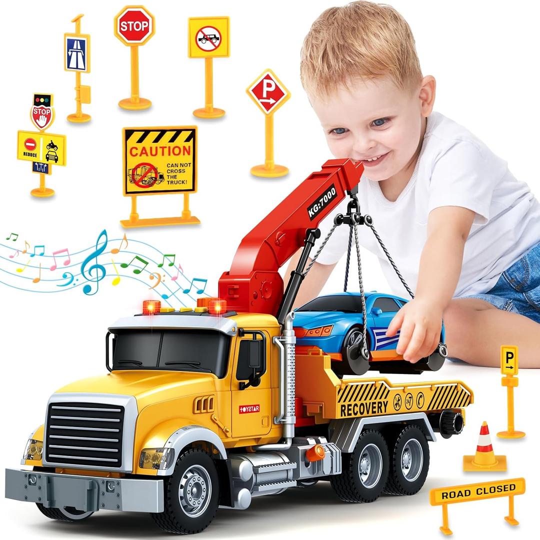 SpringFlower 15" Large Tow Truck Toy, Toy for 3 4 5 6 Years Old Boy Toddlers, Truck Vehicle with Racing Car, Traffic Signs, Working Hook, Light Sound,Easter Basket Stuffers,Birthday Easter Gift