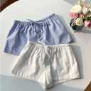 MakeMeChic Women's 2 Pack Linen Shorts Striped Gingham Summer Beach Pajama Boxer Shorts (Blue, L)
