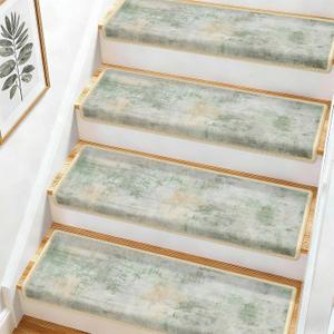 Bullnose Stair Treads for Wooden Steps,Non-Slip Carpet Stair Treads | Peel and Stick Stair Runner, Pet Friendly Indoor Stair Protectors, Soft Washable Reusable,9.5x30 14Pcs,Green