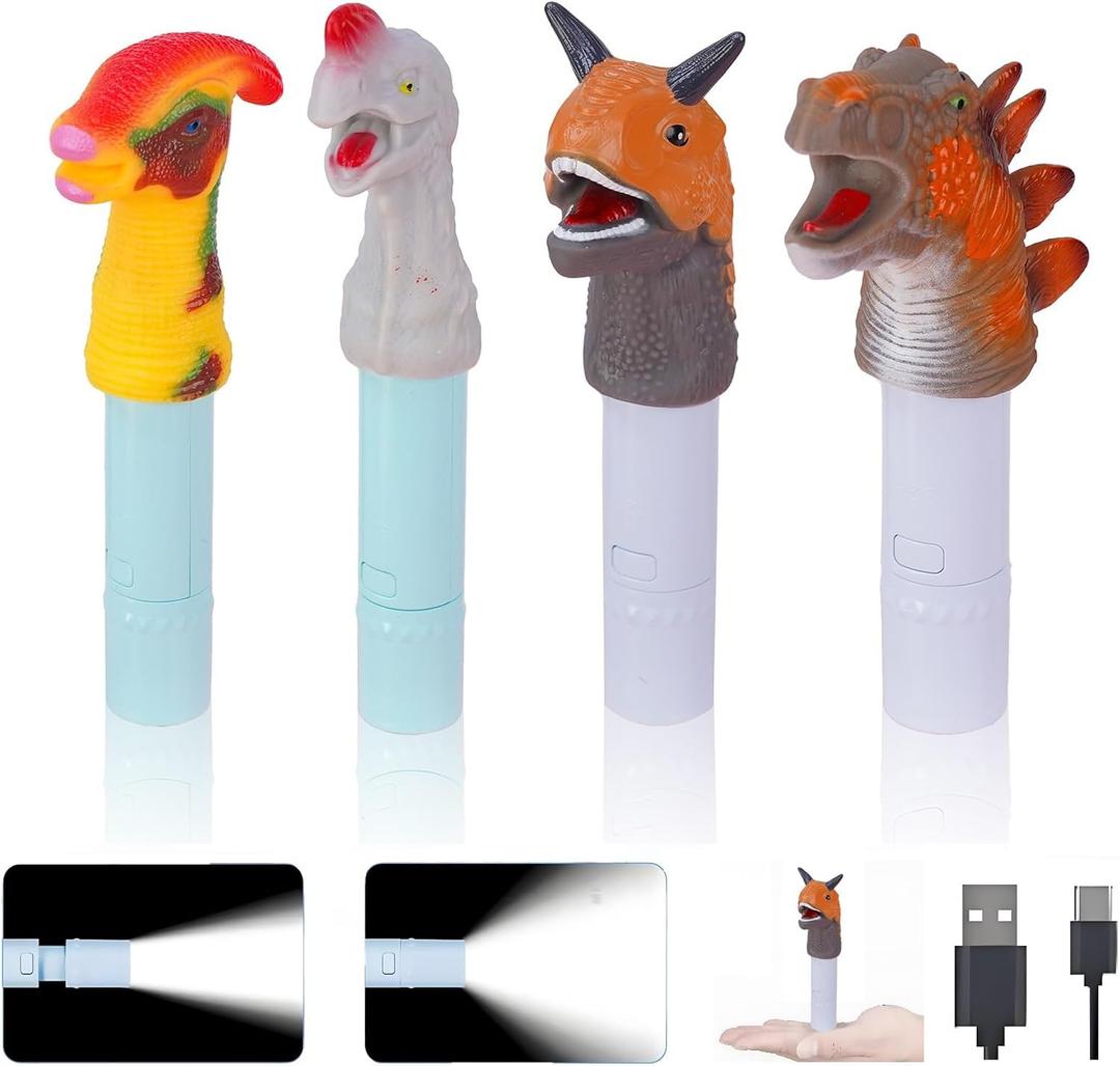4 Pack Small Mini Cute Kids Flashlight, Rechargeable Dinosaur Flashlights for Boys Girls,Christmas Gifts Stocking Stuffers, Dinosaur 4Pack