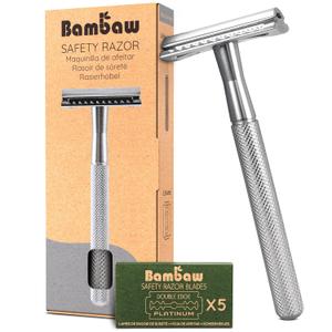 Bambaw Double Edge Safety Razor for Men & Women, Metal Razor with 5 Double Edge Safety Razor Blades, Eco-Friendly Razor Silver