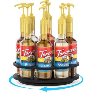 THYGIFTREE Rotating Coffee Syrup Organizer for Countertop, 9-Bottle Wooden Syrup Rack & Bottle Holder for Coffee Bar Station, Turntable Display Stand, Black