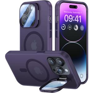 for iPhone 14 Pro Max Case with Camera Cover Stand [Built-in 9H Camera Lens Protector][Fit for Magsafe] Military Grade Shockproof Translucent Matte Magnetic Phone Case 6.7", Purple