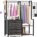 Cyclysio Closet Clothes Rack Garment Rack with 4 Drawers, Freestanding Closet Organizers and Storage System with Charging Station, Shelves and Hanging Rods for Small Spaces, Grey