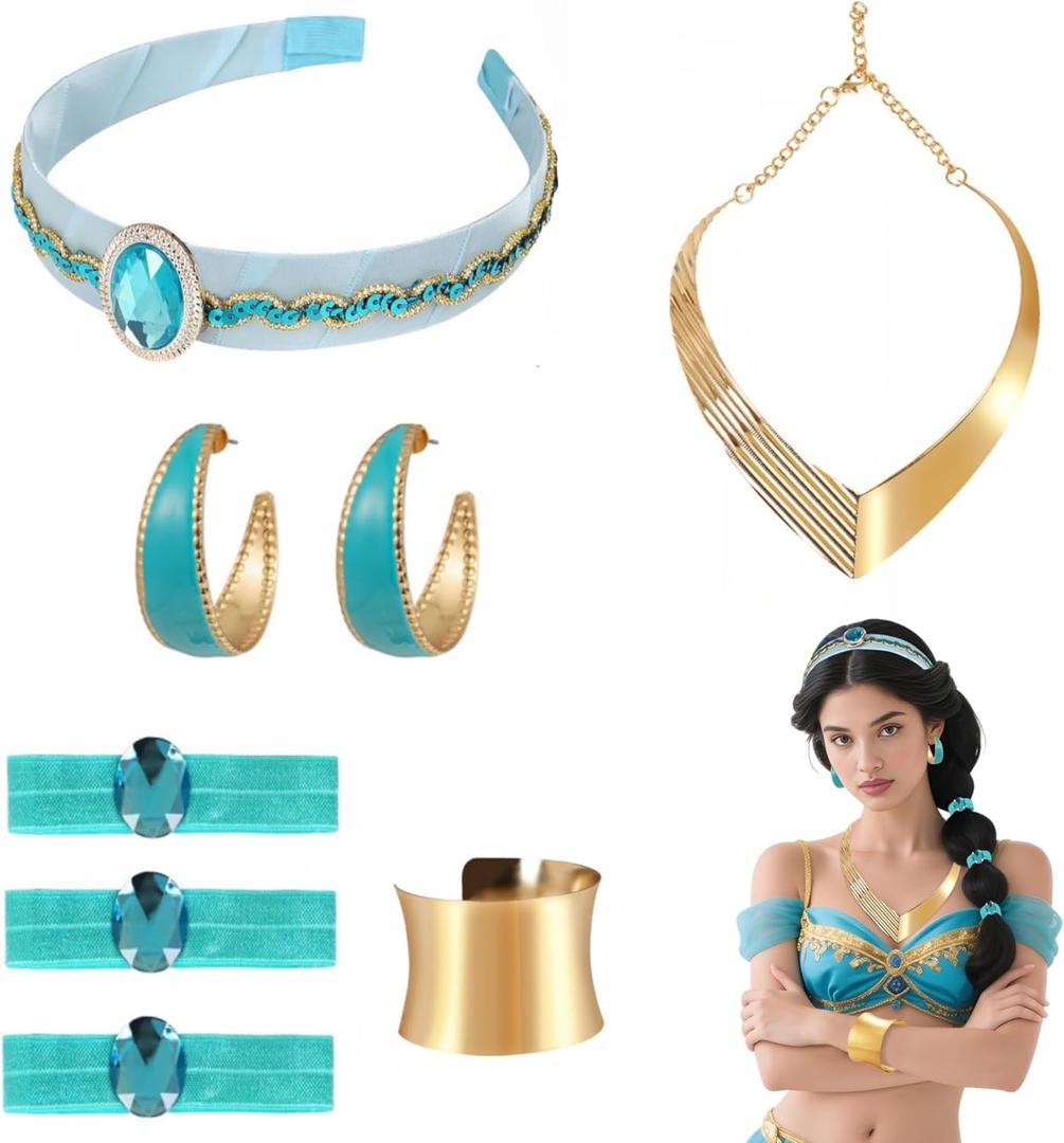 Princess Accessories Arabian Style 5PCS Jewelry Headband Necklace Bracelet Earrings Hair Ties for Women Halloween Cosplay