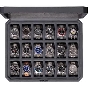 ROTHWELL 18-Slot Watch Case – Luxury Watch Box for Men, Real Glass Top, Lockable, Elegant Display for Collections (Carbon)