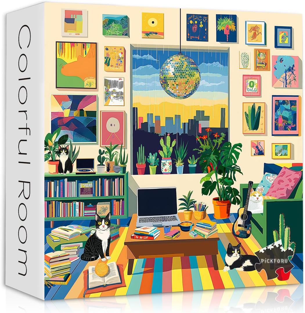 PICKFORU Cat Cozy Puzzles for Adults 1000 Pieces, Colorful Kitty Living Room Art Plant Puzzle, Vintage Animal Book Kitten Challenging Difficult Puzzle for Adults