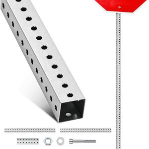 8 ft H x 1-3/4 in W Square Sign Post with 7/16" Dia Mounting Holes Galvanized Steel Metal Poles Outside Rust Resistant Industrial Perforated Tube for Street, Parking, Construction (Silver)