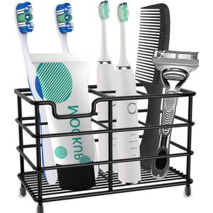 HYRIXDIRECT Toothbrush Holders for Bathrooms Stainless Steel Rustproof Electric Toothbrush Holder Toothpaste Organizer Tooth Brush Storage Stand (Large, Black-01)