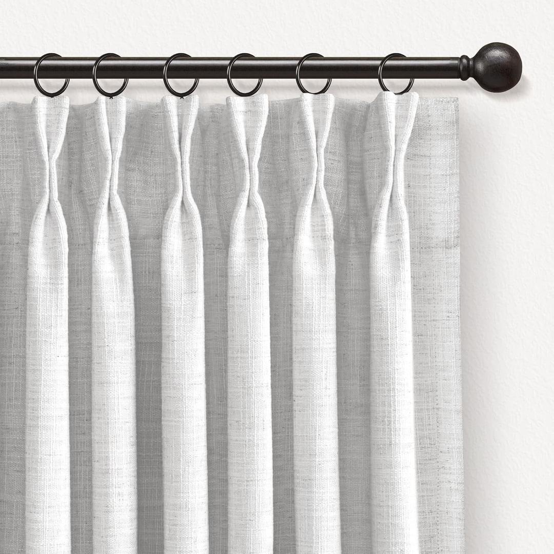 INOVADAY Pinch Pleated Curtains, 100% Light Blocking Linen Pinch Pleat Blackout Curtains for Bedroom, Thermal Insulated Blackout Drapes 2 Panels Set for Living Room - Greyish BeigeWhite, W40 x L96