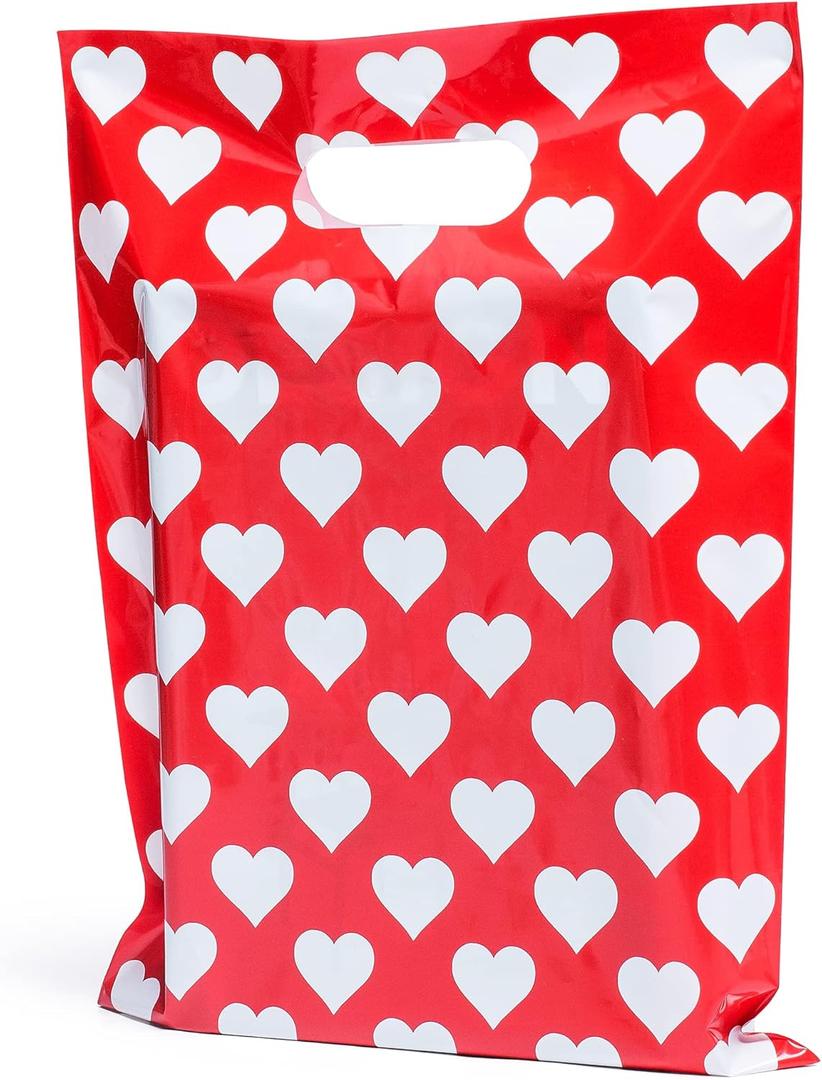 Red Merchandise Bags With White Hearts 100 Count 9"x12" Size 1.5Mil Thick Glossy Valentine Bags