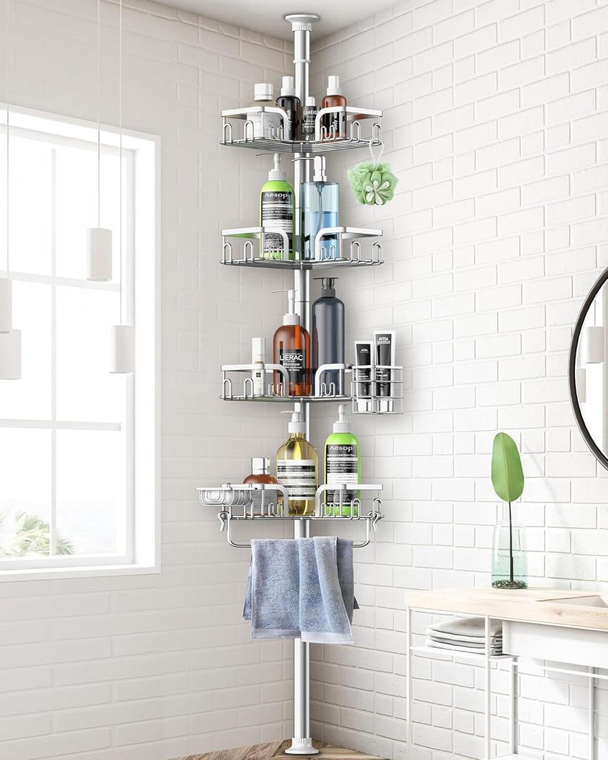 Corner Shower Caddy Tension Pole 4 Tier Adjustable Stainless Steel Shower Shelf for Inside Shower Bathtub Shampoo,Standing Bathroom Organizer Shelves with 39 to 113 inch Height (Silver)