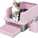 RIZZARI Large Cat Litter Box: Pink Heavy-Duty 304 Stainless Steel Open Pan - High Sides Prevent Leaks - Odor-Free & Easy Clean - Teflon Non-Stick Coating - Ideal for Big Cats in Apartments & Bathrooms