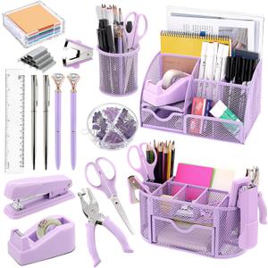 17 in 1 Purple Desk Organizers and Accessories Set, 3 Office Desk Supplies Storage Organization, 4 Pens, Stapler, Staples & Remover, Tape & Dispenser, Scissors, Ruler, Clips, Hole Punch Back to School