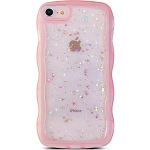 Qokey for iPhone SE/iPhone 8/7 Case,Cute Clear Glitter Curly Wave Design Transparent Bling Shiny Protection Soft TPU Shockproof Phone Cover for Women Pink