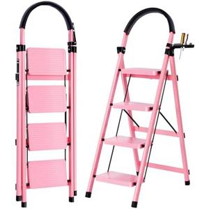 Sturdy Carbon Steel 4-Step Folding Ladder with Convenient Tool Holder, Anti-Slip Wide Pedals for Enhanced Safety -330lbs Capacity Stepladder for Home, Lightweight Portable Ideal for Home, Garage-Pink