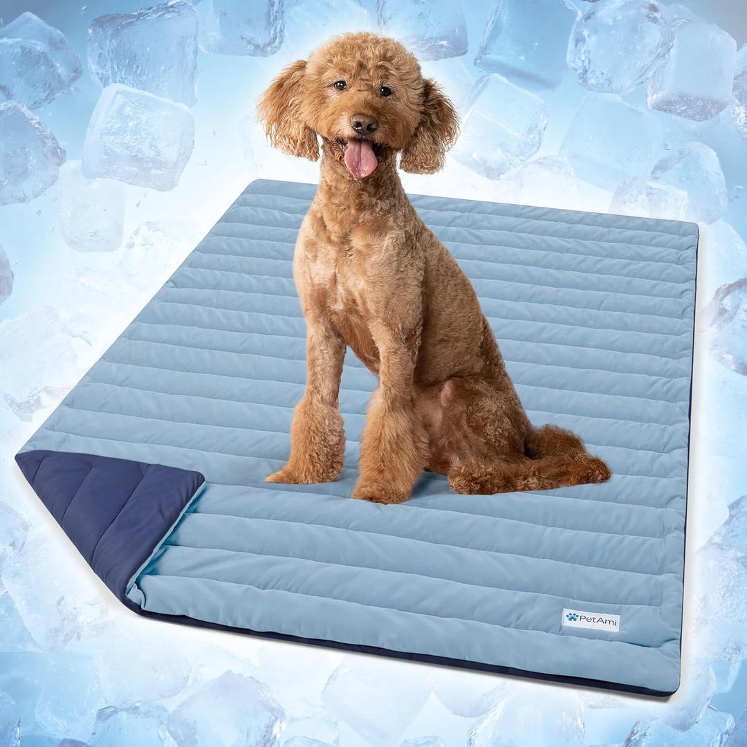 PetAmi Dog Cooling Mat, Q-Max Pet Cooling Blanket with Thick Cushioning, Self Cooling Pad for Dogs & Cats, Reversible Summer Mat for Crate, Couch, Kennel, Navy/Dusty Blue, Large (40x60)