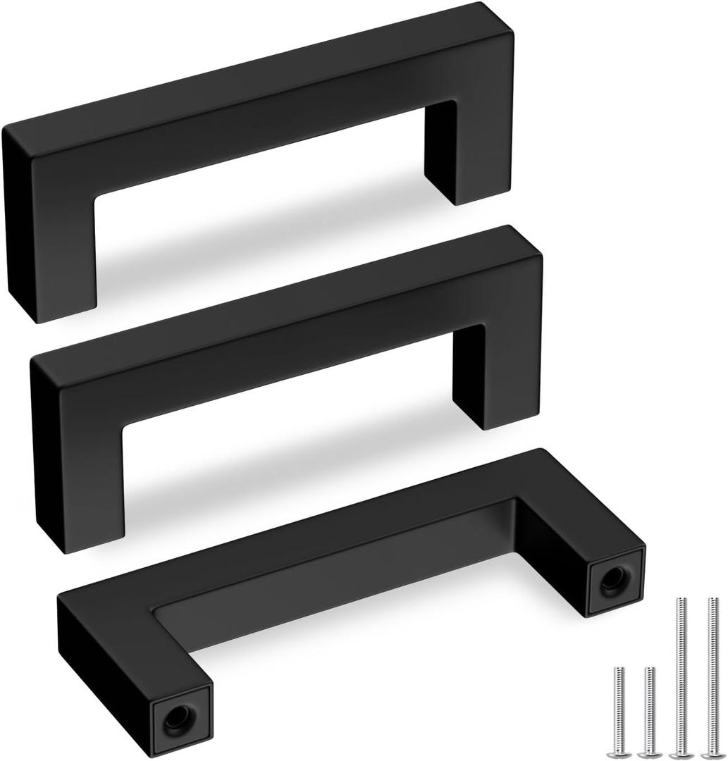 Goldenwarm 10 Pack Black Square Bar Cabinet Pull Drawer Handle Stainless Steel Modern Hardware for Kitchen Bathroom Cabinets Cupboard, Center to Center 3in (76mm) Modern Matte Black Drawer Pulls