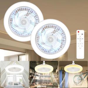 Socket Ceiling Fan Light Screw in with 3 Color Temp, Low Profile Enclosed Dimmable Fanlight with Remote, 10 inch Small Adjustable White E27 LED Ceiling Lights for Bathroom/Bedroom/Garage (2Pcs)