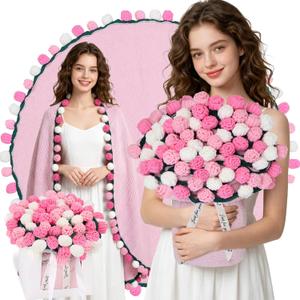 Rose Flower Bouquet Blanket, Birthday Gifts for Friends Mom Wife Mothers Day Anniversary Wedding, Pink Floral Crochet Knitted Blankets Housewarming Gifts Box Home Decor for Bed Couch 31"