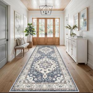 4x10 Wide Hallway Runner Rug - Washable Runner Rugs with Non Slip Backing Low Pile Carpets for Kitchen Bathroom Stain Resistant Carpet for Entry Living Room Dining Room Thin Floor Mat 4x10 Blue