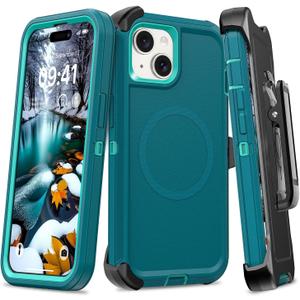 Magnetic Case for iPhone 13/14/15 with Belt Clip Holster, Heavy Duty Protection, Dark Green
