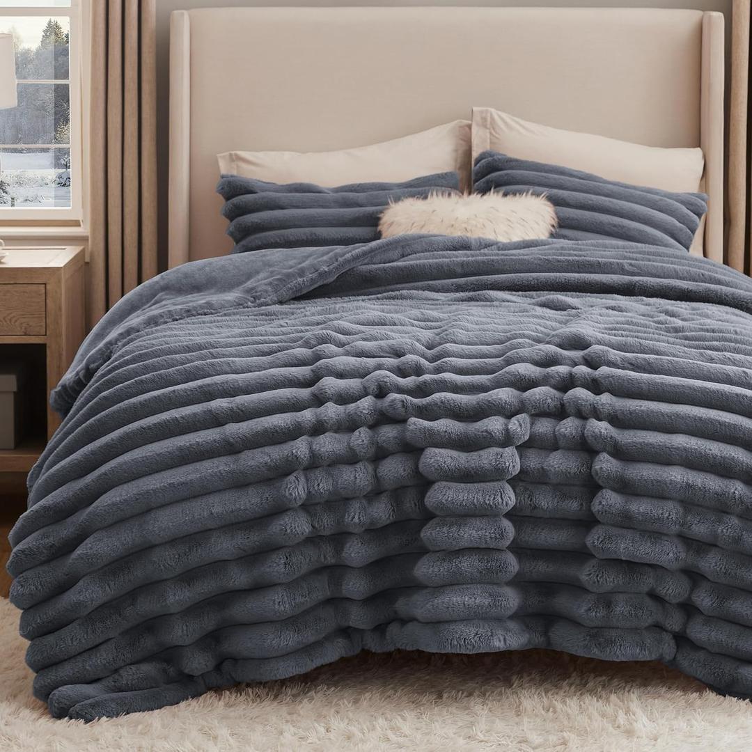 Bedsure Faux Fur Queen Comforter Set - Grey Fluffy Comforter Queen Size, Soft and Cozy Shaggy Winter Bedding Comforter Sets, Warm Luxury Fuzzy Bed Set 3 Pieces, 1 Comforter and 2 Pillowcases