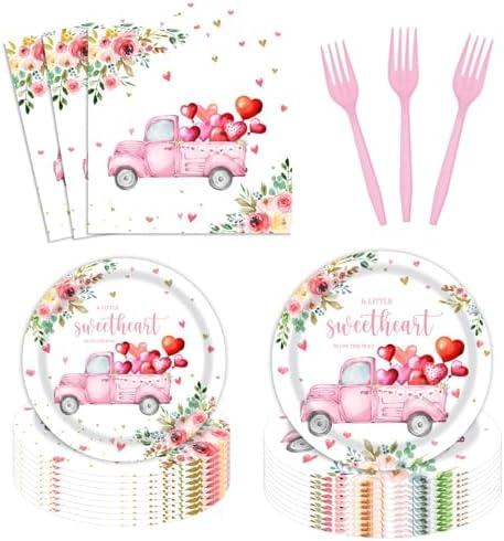 Utolily Sweetheart Baby Shower Party Tableware Supplies 96pcs - Pink Heart Plates, Forks & Napkins - Serves 24 Guests - Valentine's Day Occasion