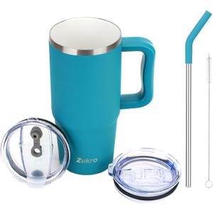 Zukro 24 oz Ceramic Lined Insulated Tumbler with Handle and Straw, No Metal Taste or Smell, Travel Coffee Mug with Spillproof Lids, No Sweat Stainless Steel Cup, Dishwasher Safe, Teal