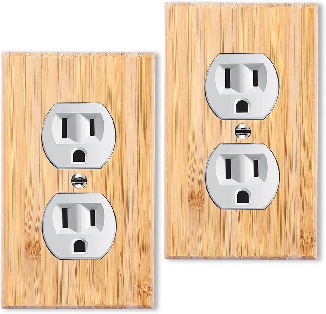 2PC Solid Wood Double hole Outlet Light Switch Plate 4.5" X 2.76" Bamboo Light Switch Cover Quality Raw Wooden Decorative Bedroom Kitchen Home Decor (Double hole Outlet) (Standard Size)