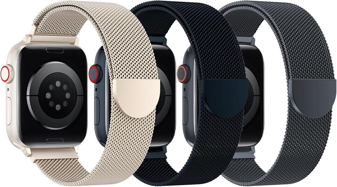BELONGME 3 Pack Mesh Loop Compatible with Apple Watch Bands for Women Men 42mm 44mm 45mm 49mm 46mm Series 11 10 9 8 7 6 5 4 Ultra3 SE3 2, Stainless Steel Metal Magnetic Strap for iWatch (Starlight+Midnight+Space Gray)