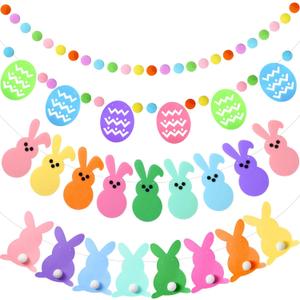 Jansun 4 Pack Easter Garlands 32.8 Feet Felt Bunny Eggs Pom Pom Garland Ornaments for Spring Easter Fireplace Wall Home Indoor Outdoor Party Hanging Decor Supplies(4 Design)