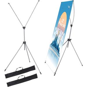 2 Pack X Frame Banner Stand Fits Any Banner Adjustable Size 23"X63" to 32"X78" with Portable Retractable Carrying Bag, Customize Stand for Trade Show Exhibition Market and Store Display, Silver