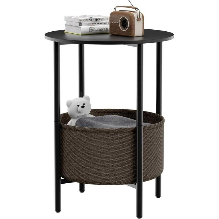 DGSANDGO Round End Table with Fabric Basket, Bedside Table with Storage, Morden Round Nightstand, Samll Side Table for Living Room，Bathroom，Bedroom, Nursery, Laundry, Black