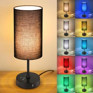 Unicozin Table Lamp for Bedroom, 3 Color Temperatures, 7 RGB Colors, Adjustable Brightness, Dual USB Charging Ports, Ambience Nightstand Light with Black Shade, Desk Lamp for Kids Reading Home Office