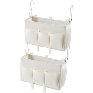 Bedside Storage Organizer, White Bedside Caddy Organizer - With Hooks and Multiple Pockets, a Clever Storage Solution for Books, Magazines, and More, 2 Pack