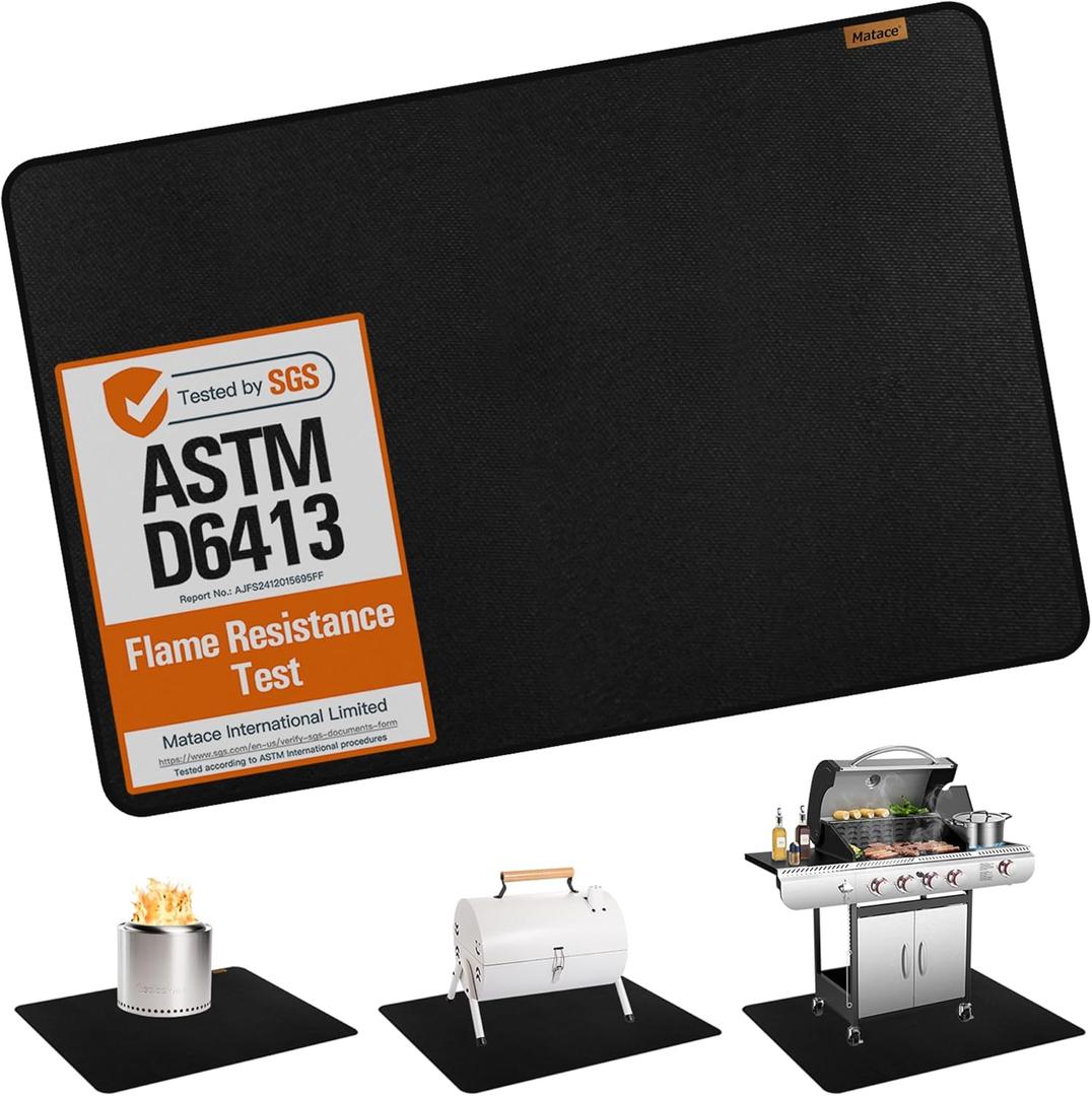 Matace 76x52 Fireproof Grease Mats for Under Outdoor Grill, Extra Large Double-Sided Fire Retardant Silicone Floor Mat for BBQ, Camping Stove, Fire Pit, Waterproof Patio & Deck Protector, Black