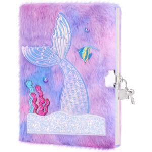 homicozy Mermaid Diary with Lock,Gift for 6 7 8 Year Old Girl,Fuzzy Seceret Journal for Kids with 160 Pages,Fluffy Notebook for Writing and Drawing,Cute Stationery Back to School Gift