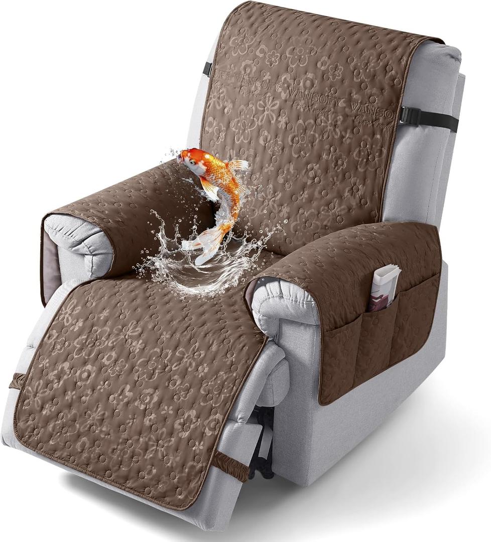 VANSOFY 100% Waterproof Recliner Chair Cover, Recliner Cover with Non-Slip Granule, Washable Reclining Chair with Pocket Furniture Protector for Kids, Pets(Brown, 23")