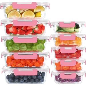 KOMUEE 10 Pack Glass Food Storage Containers, Meal Prep Containers with Lids, Airtight Glass Lunch Boxes, Freezer, Oven, and Microwave Safe, Pink