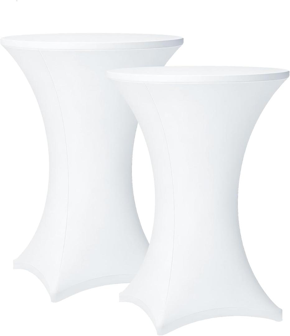 Cocktail Table Covers - 2 Pack 32x43 Inch Table Cloth - White Fitted Stretch Spandex Round High Top Tablecloth for Party, Bar, Birthday, Pub, Banquet