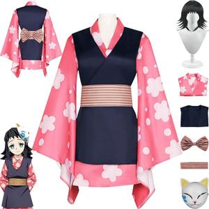Anime Character Makomo Cosplay Costume Outfit Demon Slayer Uniform Wig Full Set Halloween Party Dress Up Suit, Large 