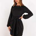 ANRABESS Womens 2025 Fall Dress Long Lantern Sleeve Ribbed Knit Casual Tie Waist Lightweight Mini Sweater Dress (Large, Black)