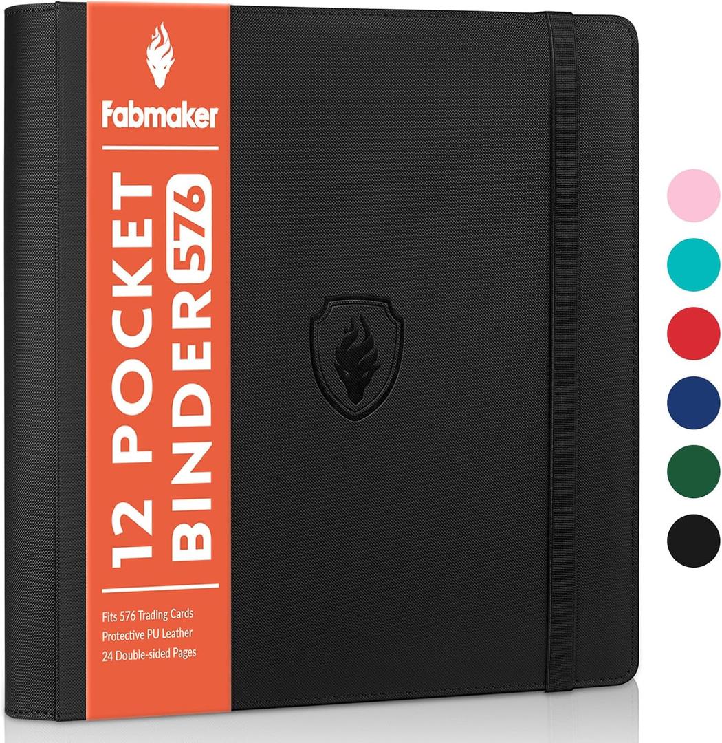 Premium 12 Pocket Card Binder for 576 Cards, Fabmaker PU Cover Trading Card Binder, Sturdy Card Collection Album, Sleek Card Holder Folders for Game Cards & Sports Cards, Black