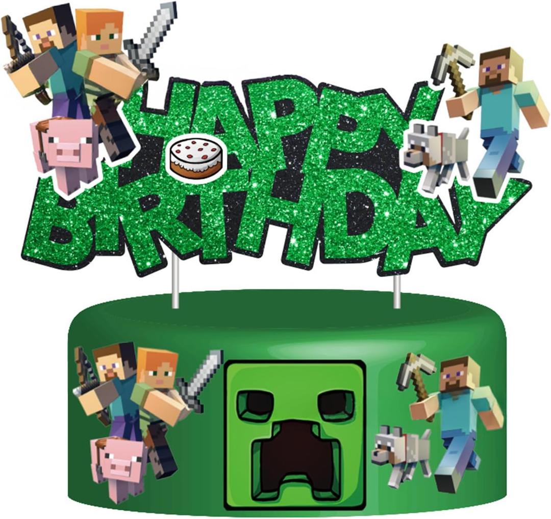Pixel Styled Cake Decorations, Cartoon Happy Birthday Cake Topper, Video Game Themed Party Supplies for Boys & Girls (Green)