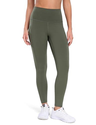 Colorfulkoala Women's High Waisted Tummy Control Workout Leggings 7/8 Length Yoga Pants with Pockets (S, Army Green)